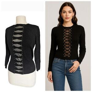 Gardy Vintage Mesh Front Knit Long  Sleeve Balletcore Black Tight Sweater Size L